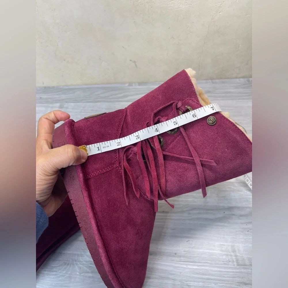 Bearpaw Arya Burgundy Maroon Suede Wool Blend Lining Fringe Winter Boots Size 7